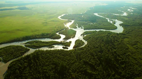Flight over forest and river in mountains Altai, Siberia (CineStyle Profile) Stock Footage 33402576