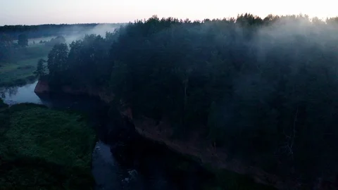 Flight over a forest and a small river in the early morning Stock Footage 113138632