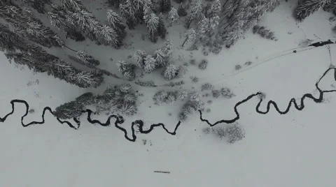 Flight Over a Forest Brook in the Snow Stock Footage 61461700