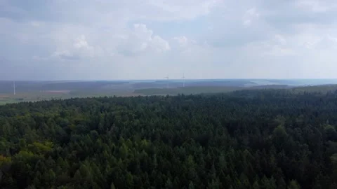 Flight over the forest in the distance you can see wind turbines Stock Footage 171758502