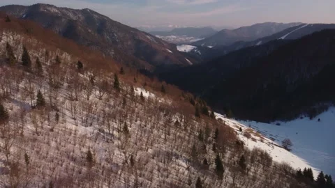 Flight over a forest landscape with snowy meadows and the valley between the Stock Footage 171991716