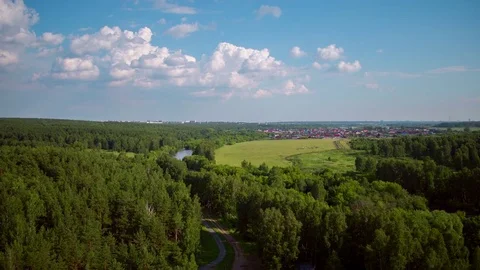 Flight over the forest, river and recreation areas Stock Footage 79774186
