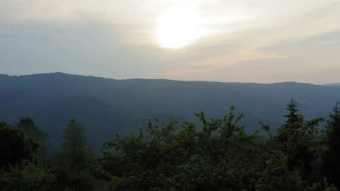 Flight over a forest with a sunset colors dancing in the horizon Stockbeeldmateriaal 137592291