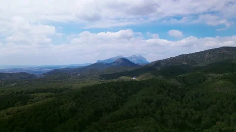 Flight over the forest towards high beautiful mountains on a sunny day Stock Footage 156764918