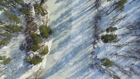 Flight over a frozen river in the forest in winter 動画素材 72510860