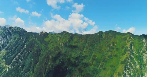 Flight over green forest and mountain range with clear cloudscape in background Stock Footage 127094334