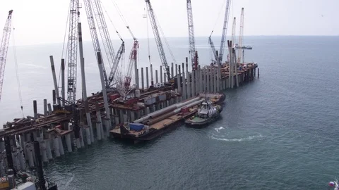 Flight over the harbour, crane and ship 2 Видео 123694751