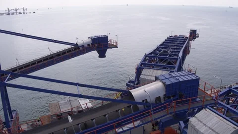 Flight over the harbour, crane and ship 3 Stock-Footage 123694985