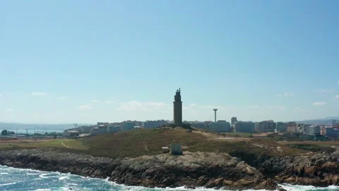 Flight over Hercules Tower in La Coruna Stock Footage 145188714