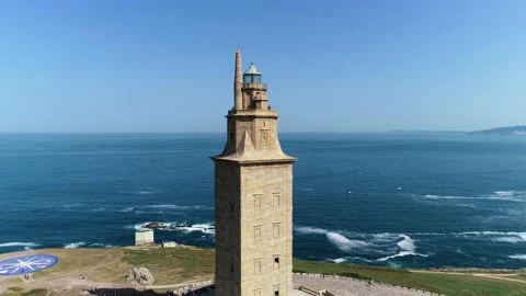 Flight over Hercules Tower in La Coruna Stock Footage 145188726