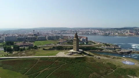 Flight over Hercules Tower in La Coruna Stock Footage 145188785