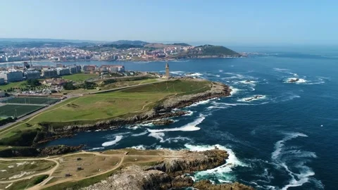 Flight over Hercules Tower in La Coruna Stock Footage 145188899