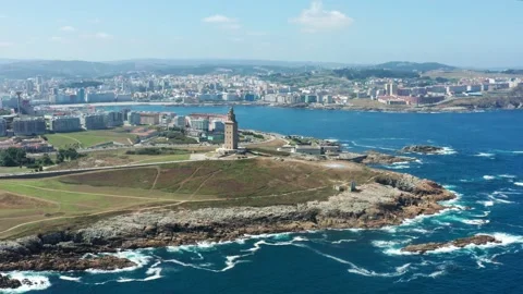 Flight over Hercules Tower in La Coruna Stock Footage 145189021