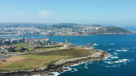 Flight over Hercules Tower in La Coruna Stock Footage 145189246