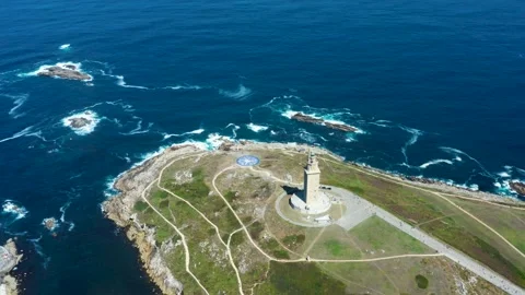 Flight over Hercules Tower in La Coruna Stock Footage 145189314