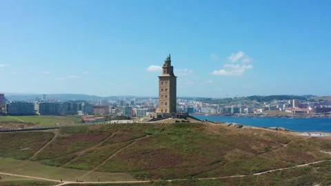 Flight over Hercules Tower in La Coruna Stock Footage 145189331