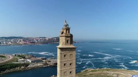 Flight over Hercules Tower in La Coruna Stock Footage 145189427