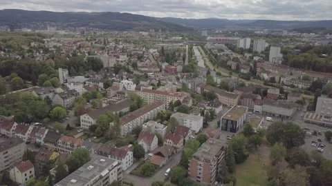 Flight Over Housing Toward Messe Basel Stock Footage 344914376