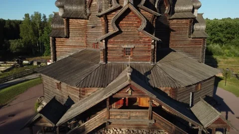 Flight over the Intercession Church in the ethno park Bogoslovka estate. Video stock 158201443