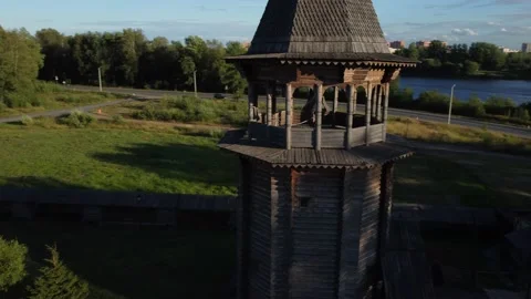 Flight over the Intercession Church in the ethno park Bogoslovka estate. Video stock 158201596