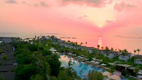 Flight over the island Flight over the palm trees Pool Rest Pink sunset Mald Stock Footage 220628032