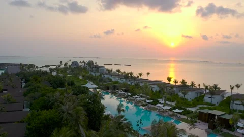 Flight over the island Flight over the palm trees Pool Relaxation Natural su Stock Footage 220628078