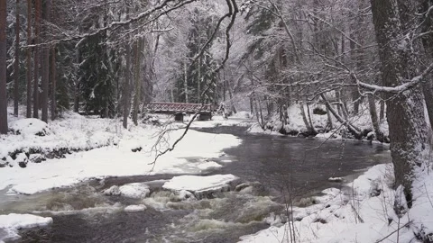 Flight over Kotka River in winter, Finland’s beautiful snow-covered landscape Stock Footage 301599817
