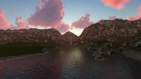Flight over a lake in the mountains.3D Render Stock Footage 210013573