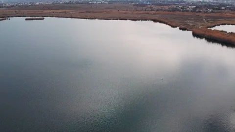 Flight over the lake in spring, birds swim and fly near the city Stock Footage 128620179