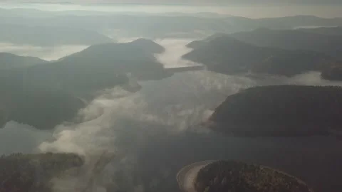 Flight over a lake top view mist autumn 4k Stock Footage 147148956