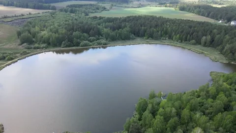 Flight over the lake with a view of the forest and field Stock Footage 154533318