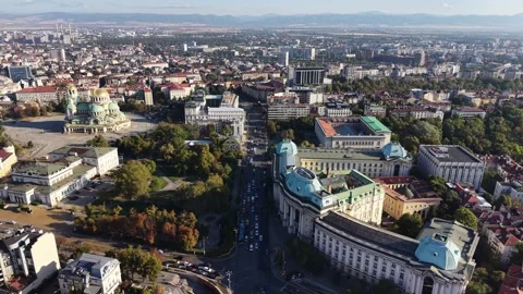 Flight over landmarks in Sofia city center, Bulgaria 스톡 동영상 347450239