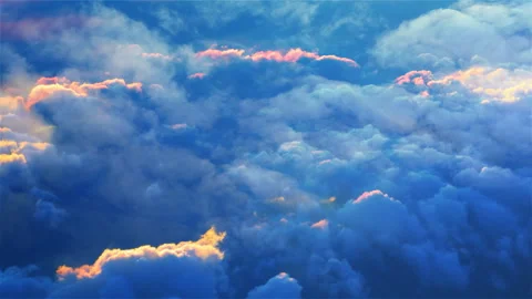 Flight over layered dark blue clouds in the dawn rays. Top view 库存影片 243161805