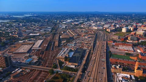 Flight over the lively multi-lane highway along the expansive network of Stock Footage 338136827