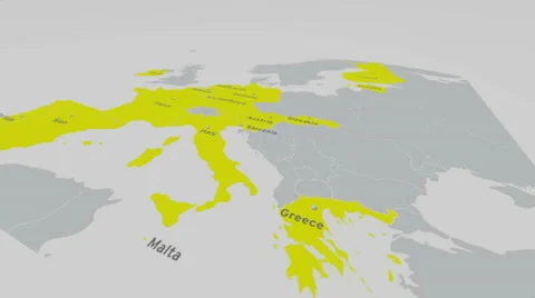 Flight over map of Europe with all the members of the euro - Animated euro coins Stock Footage 34457326