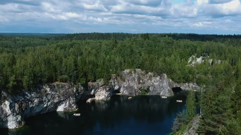 Flight over the marble canyon in Karelia Stock Footage