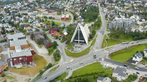 Flight over modern Arctic Cathedral in Tromso Stock Footage 129449649
