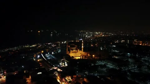 Flight over the mosque at night in Istanbul Stock Footage 203778043