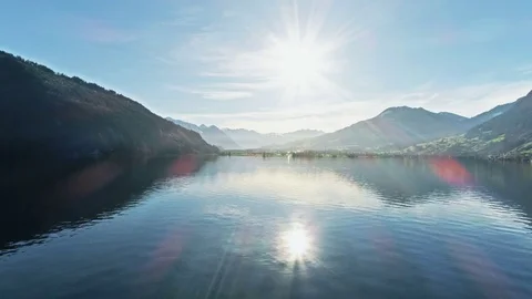 Flight over a mountain lake at sunset, Switzerland, Europe Stock Footage 85238452