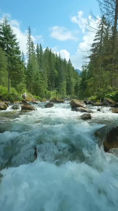 Flight over a mountain river. Shot on FPV drone. Tatra Mountains, Slovakia. Video stock 342836630