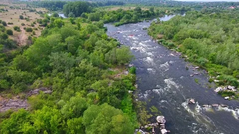 Flight over mountain river in summer day Stock Footage 82738887