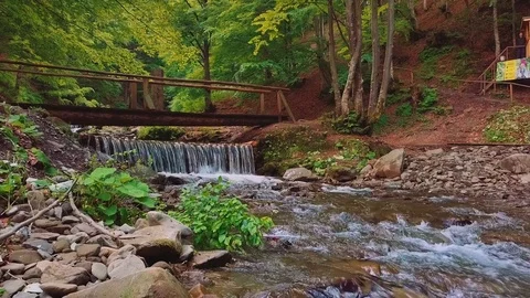 Flight over a mountain river surrounded by stones and green pines, firs and Video stock 80399900