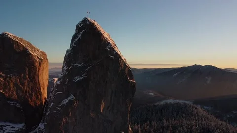 Flight Over Mountain Rock Formation Rarau Roll During Winter Stock Footage 223023701