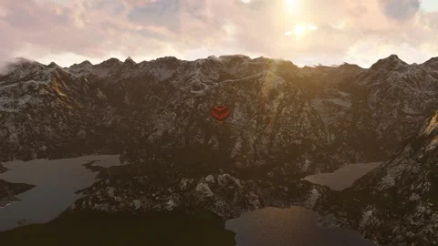 Flight over the mountains with balloons at dawn. 3D Render Stock Footage 201795934