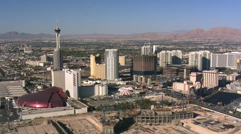 Flight over new construction to approach the Stratosphere in Las Vegas. Shot in Stock Footage 59544720
