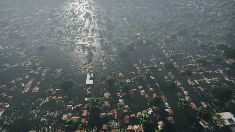 Flight over New Orleans City Flooded, people on roofs for being rescued 4K Stock Footage 146942775