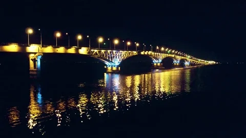 Flight over the night bridge Stock Footage 97858354