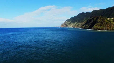 Flight over ocean sea surface. Portugal Madeira aerial 4k video rugged coast Stock Footage 65880427