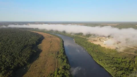 Flight over the Oka River, dawn fogs, forest and wildlife Stock-Footage 254078059