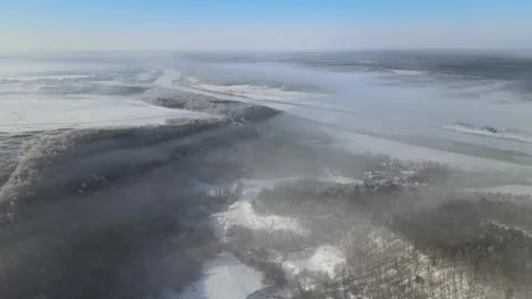 Flight over the Oka River valley in winter, frost and fog Stock Footage 254068526